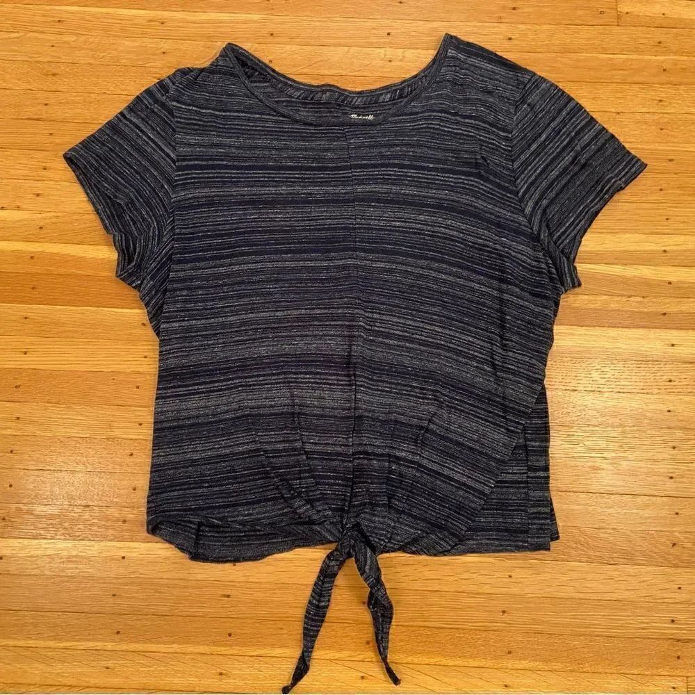 Madewell navy horizontal stripe short sleeve tie front top